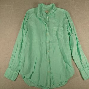 J Crew Women’s 100% Linen Button Top  Small Green Aqua Beach Coastal Long Sleeve